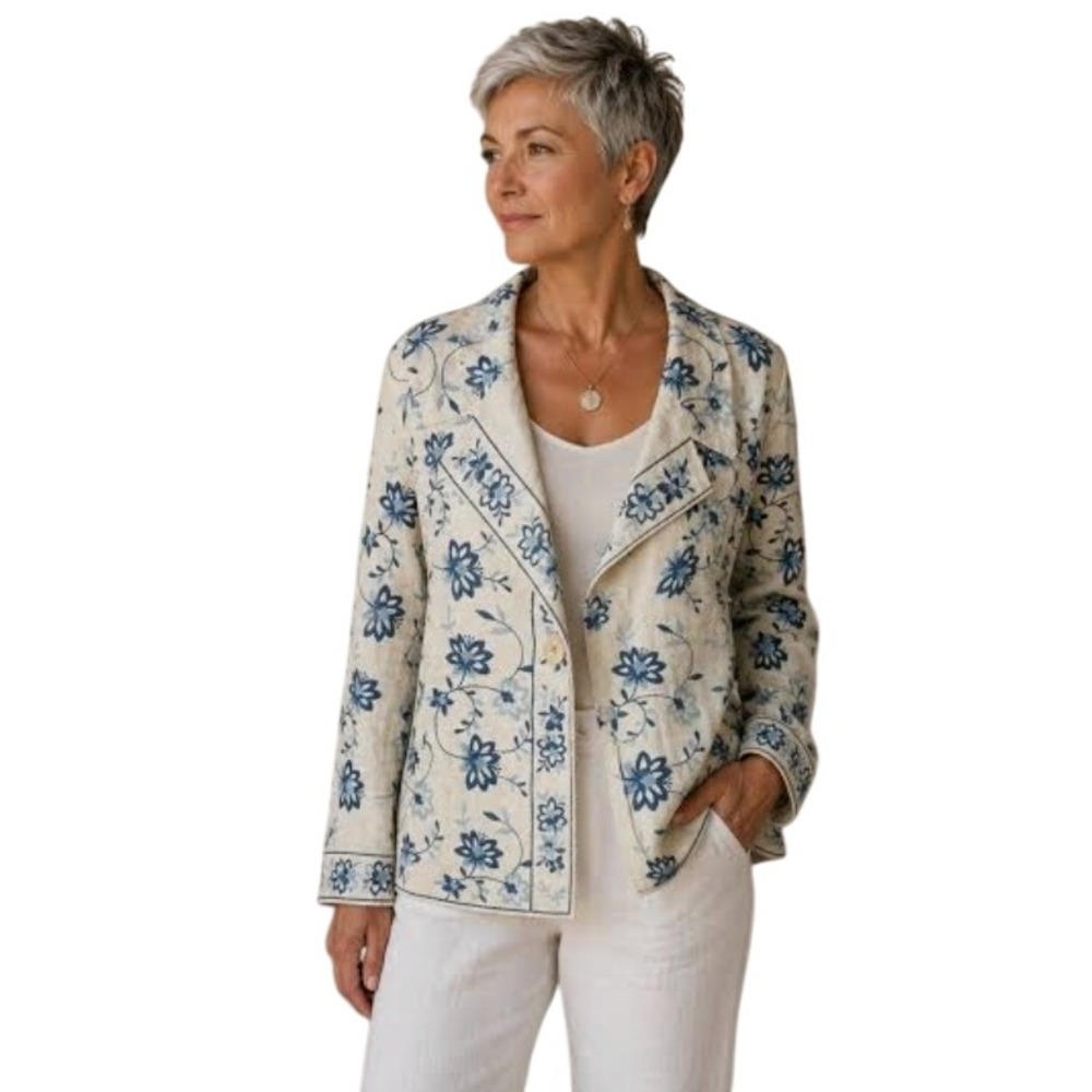 J. Jill Womens Large Blue Floral Embroidered Linen Single Button Blazer Jacket